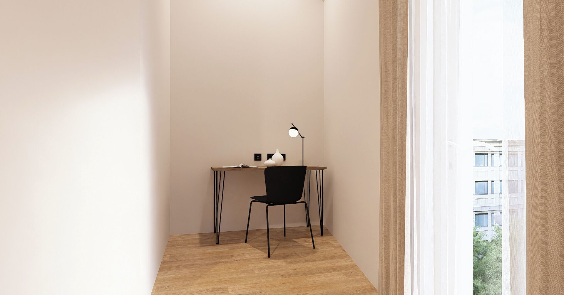 A minimalist room with a wooden desk, a black chair, and a floor lamp.