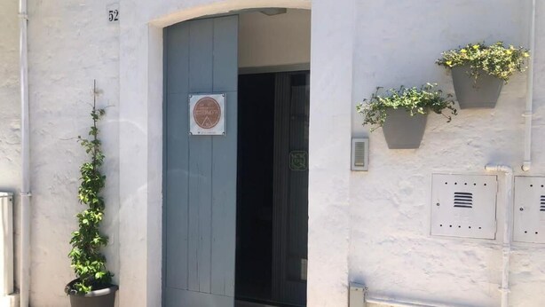 Een gebouwtoegang met een blauwe deur, een bloempot en een bord aan de muur.
