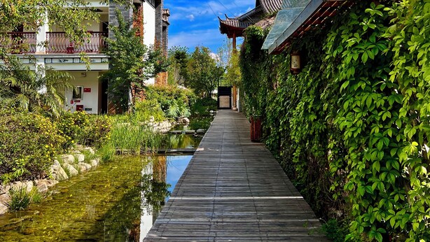 A traditional building with a wooden walkway leading to a gate, surrounded by lush greenery and a small water body. - Potala Hot Spring Resort  Dali (Dali)