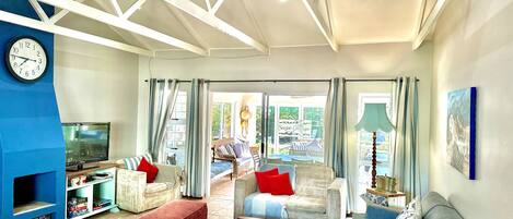 Télévision, cheminée, livres