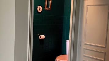 A bathroom with a toilet, a wooden floor, and a green wall with decorative mirrors.