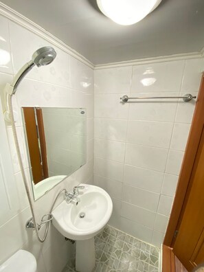 Hair dryer, towels, soap, toilet paper