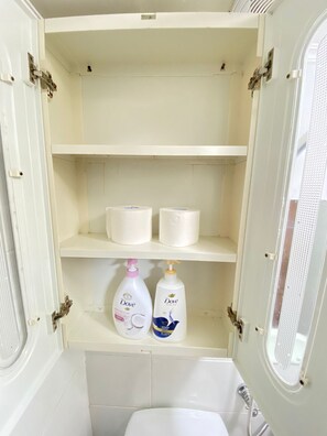 Sèche-cheveux, serviettes fournies, savon, papier toilette