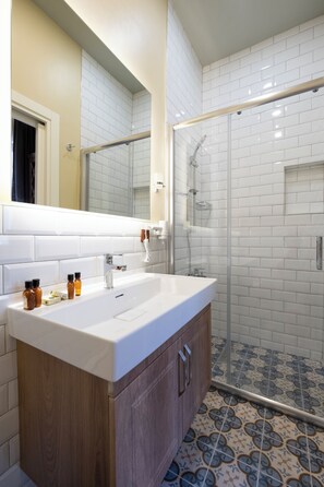 Habitación Business | Baño | Ducha, secador de pelo, zapatillas y toallas