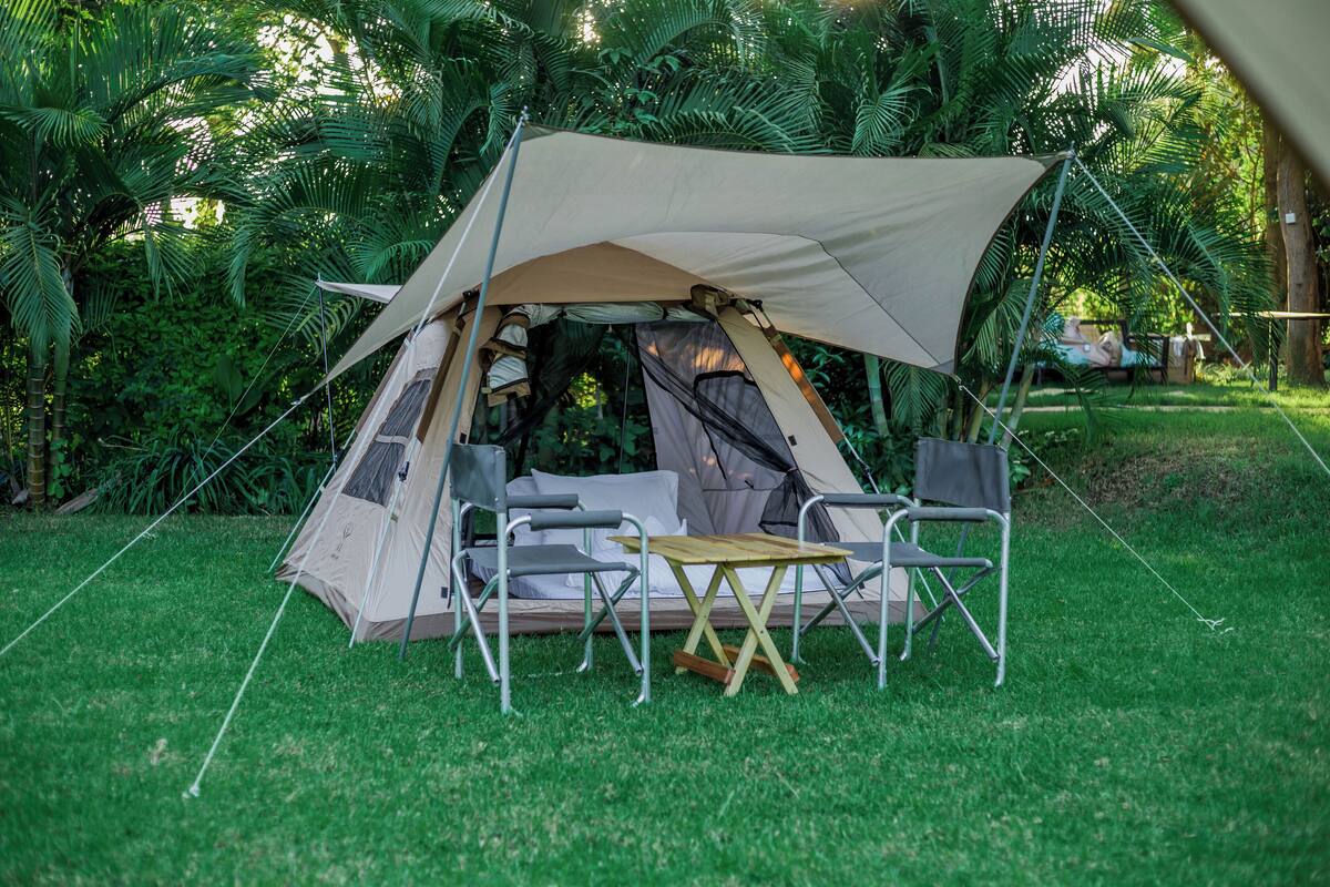 A tent with a table and chairs set up in a grassy area surrounded by dense foliage.