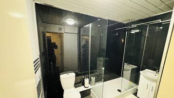 Hair dryer, towels, soap, toilet paper