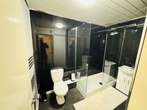 Hair dryer, towels, soap, toilet paper