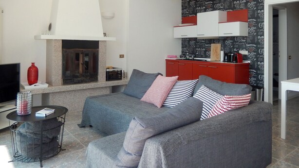 Un salon avec un canapé gris, des coussins rouges à motifs, une cheminée et un coin cuisine doté de meubles rouges et d’un crédence à motifs noir et blanc.