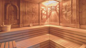 A sauna with wooden walls, benches, and a bench with a bucket.