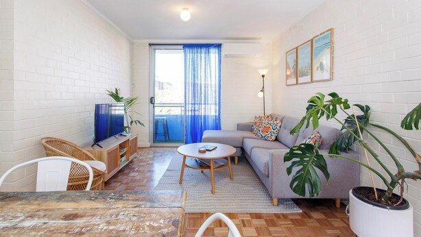 A living room with a sofa, a coffee table, a TV, and a potted plant.