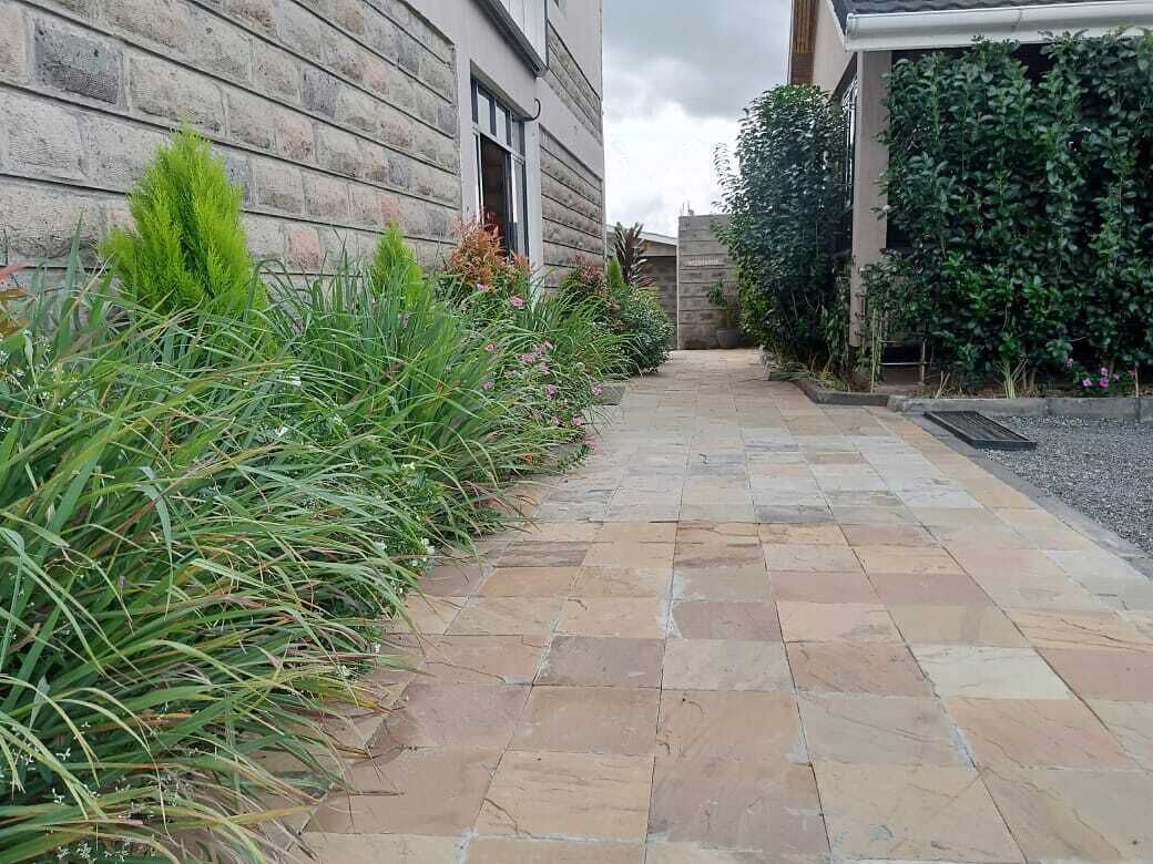 A paved pathway leading to a building with a stone facade.