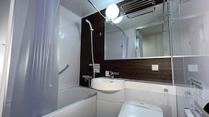 Combined shower/tub, hair dryer, slippers, electronic bidet