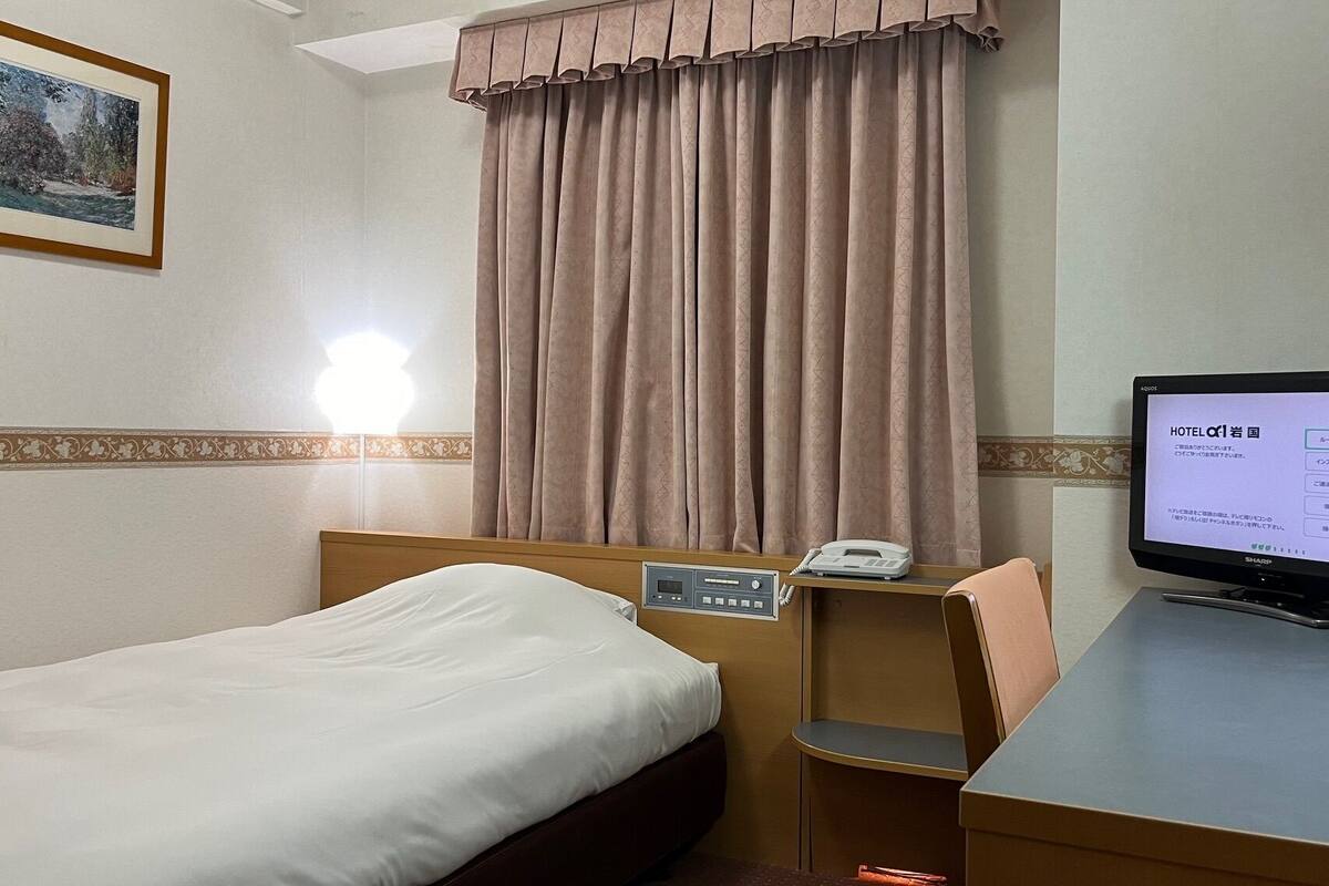 A hotel room with a bed, a desk with a computer, a telephone, and a television.