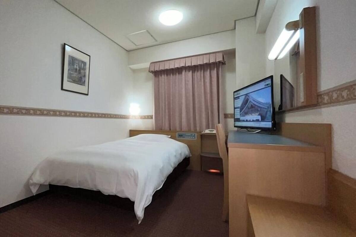 A hotel room with a single bed, a desk with a computer, and a television.