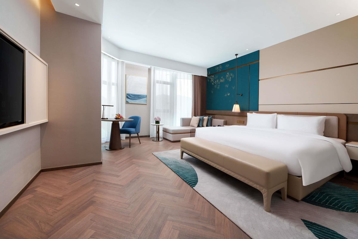 Una habitación de hotel moderna con una cama grande, un escritorio, una silla y un televisor.