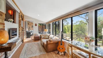 Smart TV, fireplace, DVD player, books