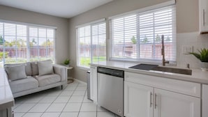 A modern kitchen with white cabinetry, a built-in dishwasher, and large windows with blinds.