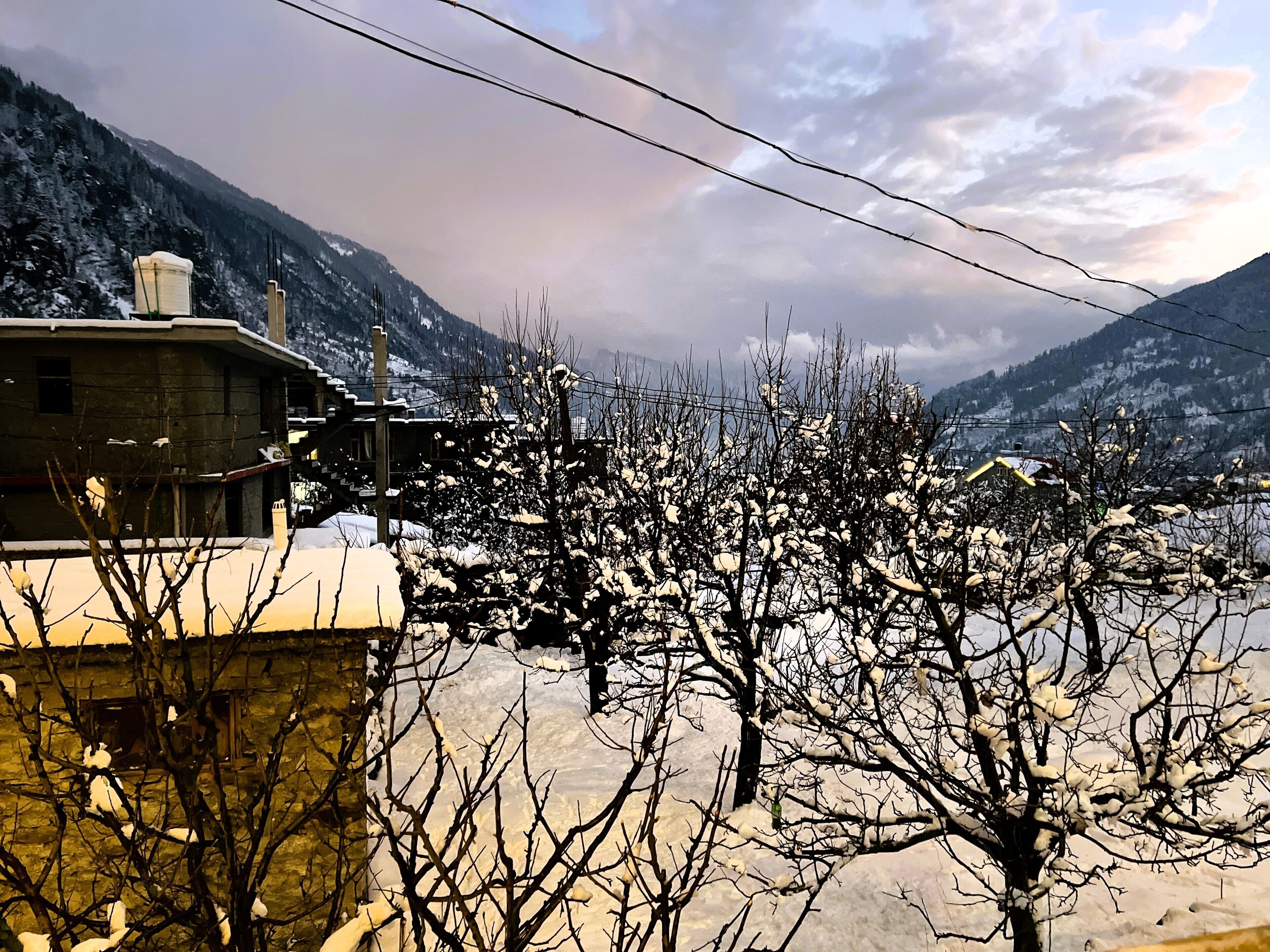 A mountainous landscape with snow-covered trees and a building with a chimney.