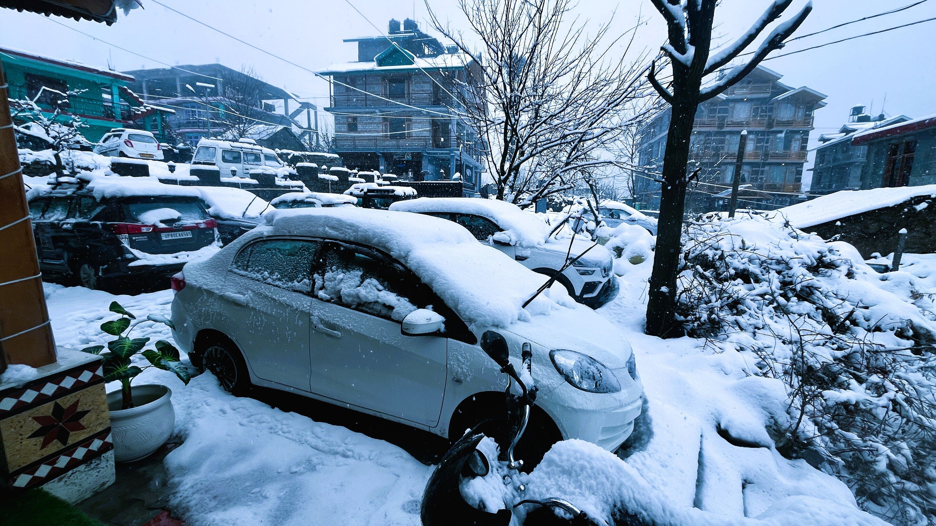 A snowy residential area with parked cars and buildings.