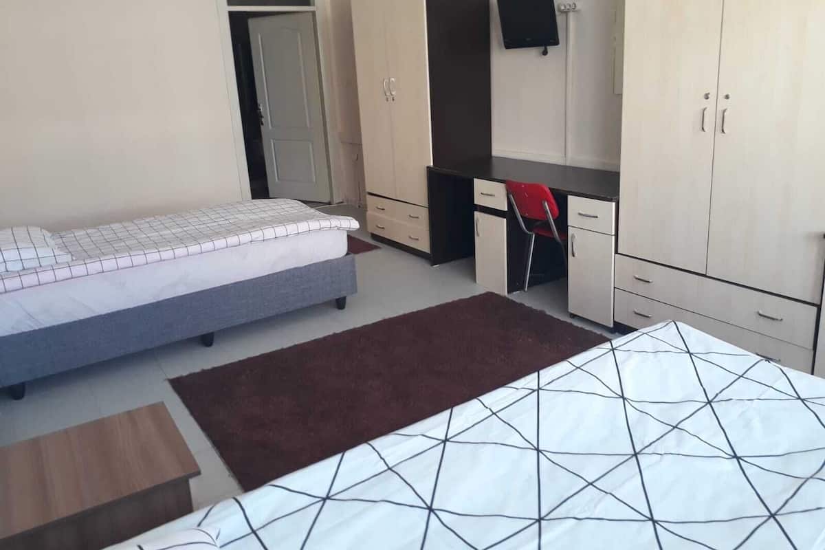 Een slaapkamer met twee bedden, een bureau, een stoel en een televisie.