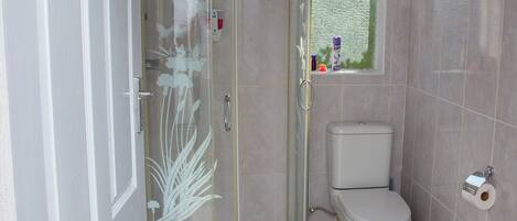 A modern bathroom with a glass shower enclosure, a toilet, and a small window.
