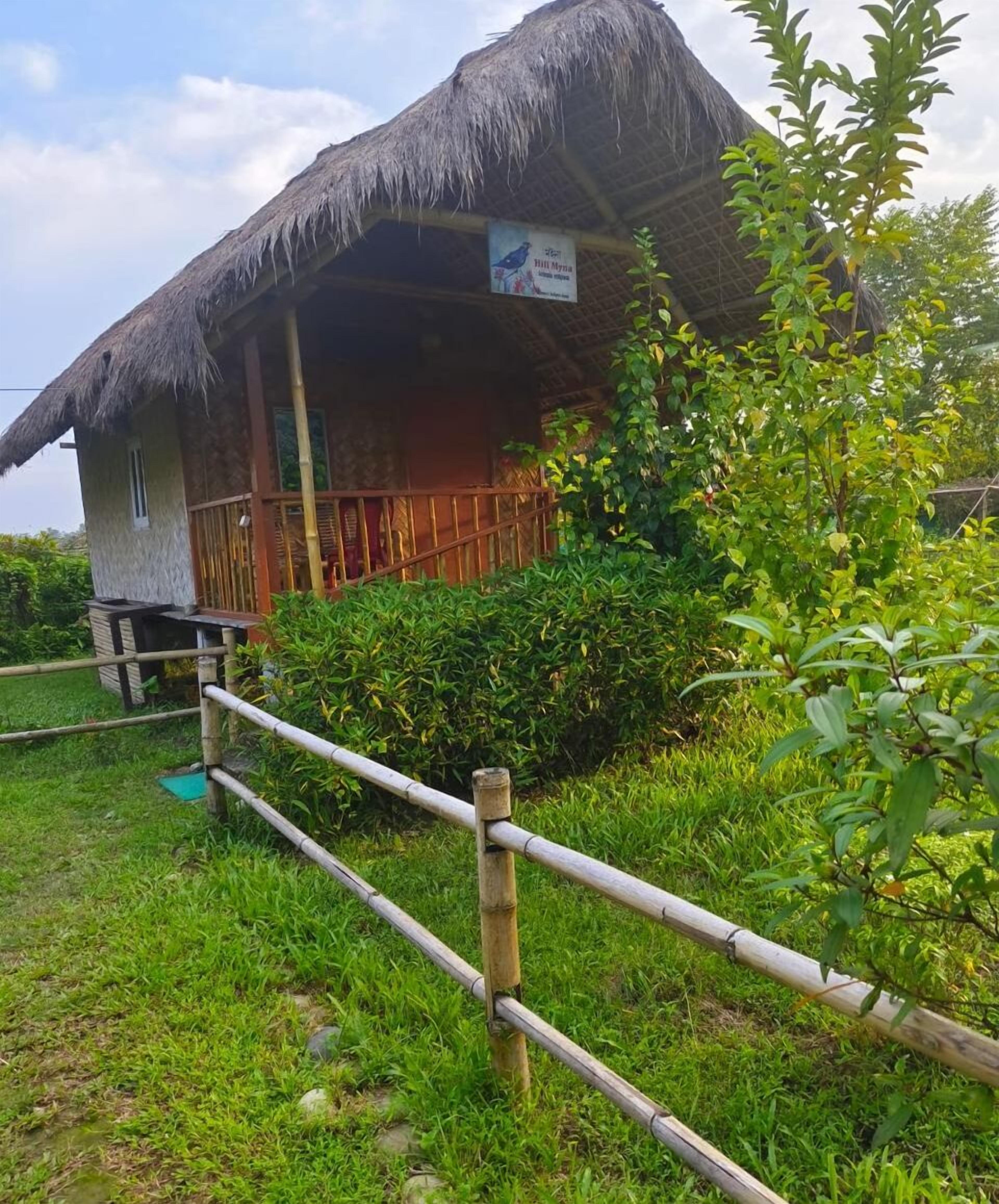 A thatched-roof house with a wooden porch, surrounded by lush greenery.