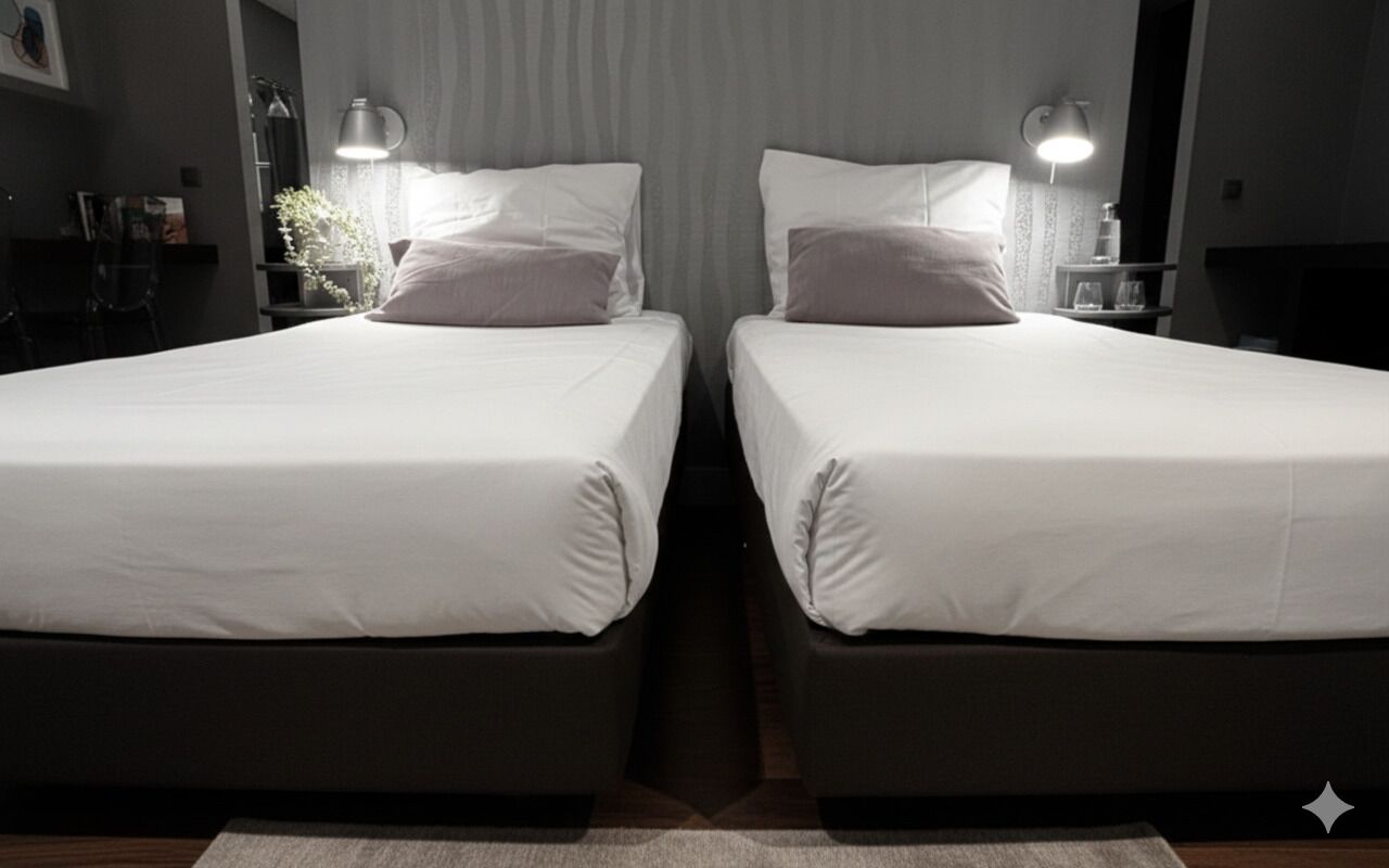 A room with two single beds, each with a pillow and a bedside lamp.