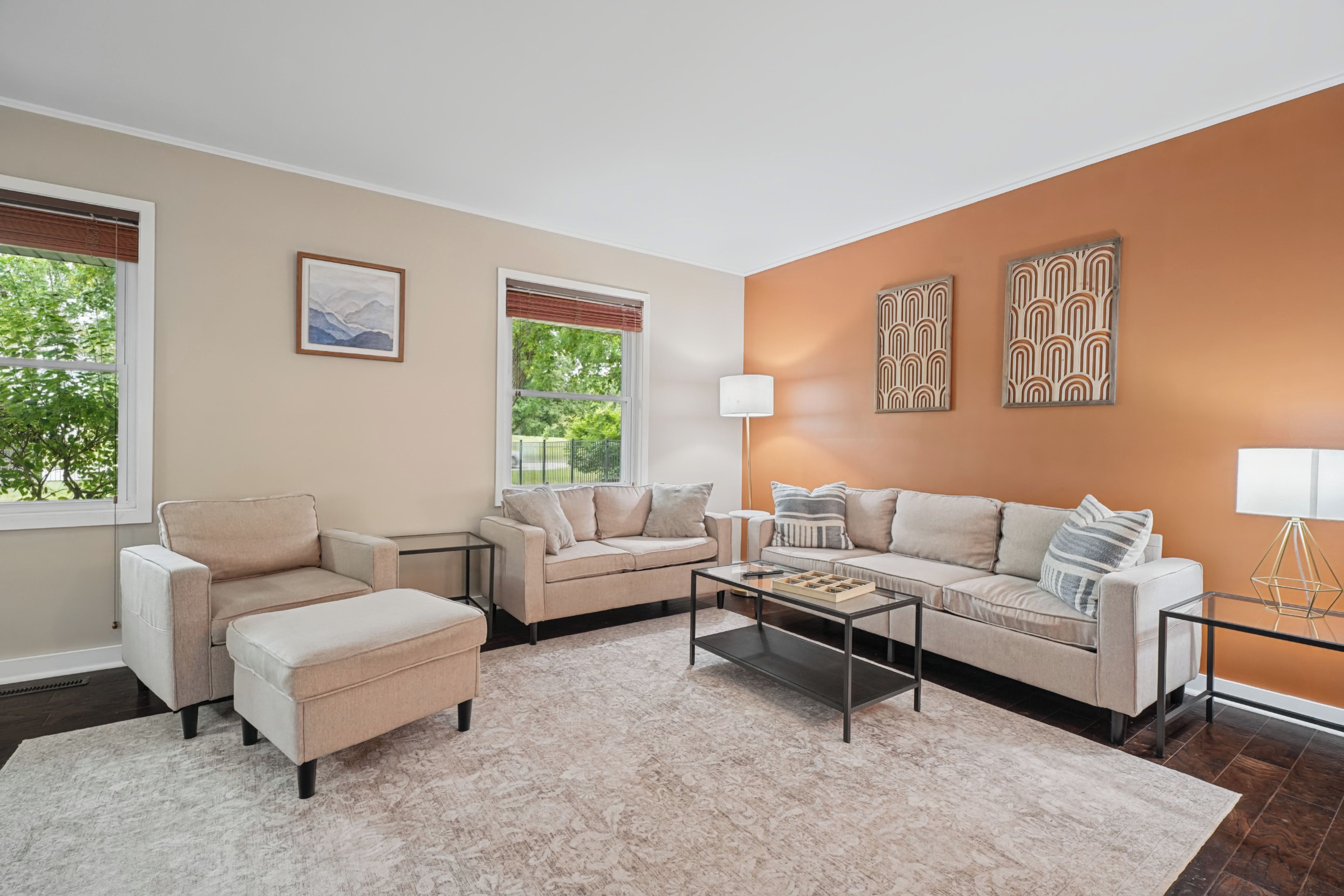 A living room with two sofas, a coffee table, and a rug. There are two windows with blinds, a painting on the wall, and a floor lamp.
