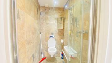 Hair dryer, towels, soap, toilet paper