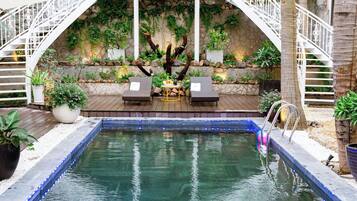 Une piscine surmontée d’un pont blanc, entourée de plantes et bordée d’un mur de pierre.