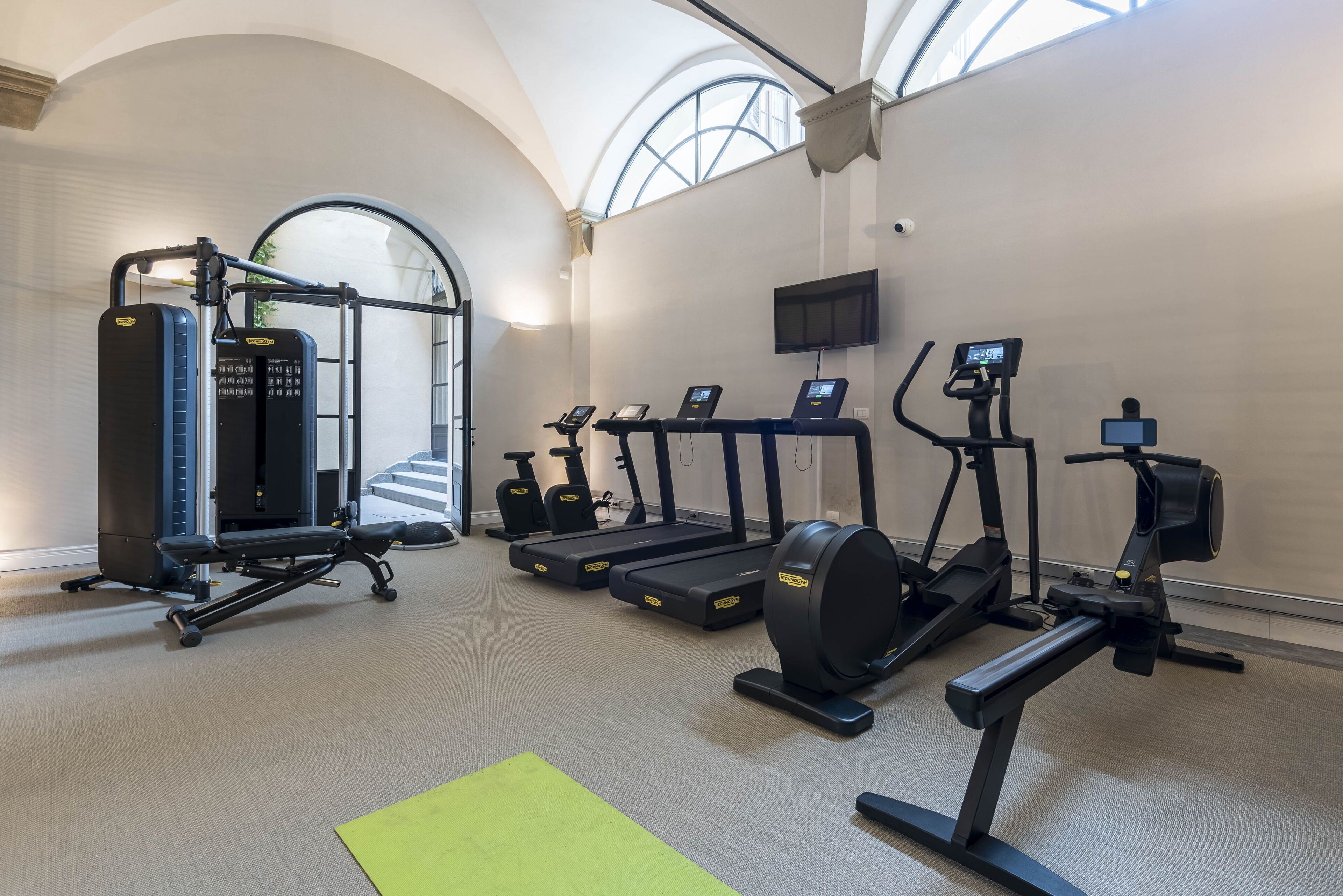 A gym with cardio machines, weight training equipment, and a green mat.