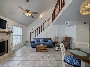 TV, fireplace, offices - Canal Views & Pool | 2 Min to Beach | Fishing Pier (Corpus Christi)