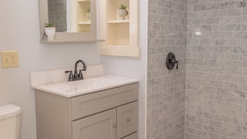Shower, towels, soap, toilet paper