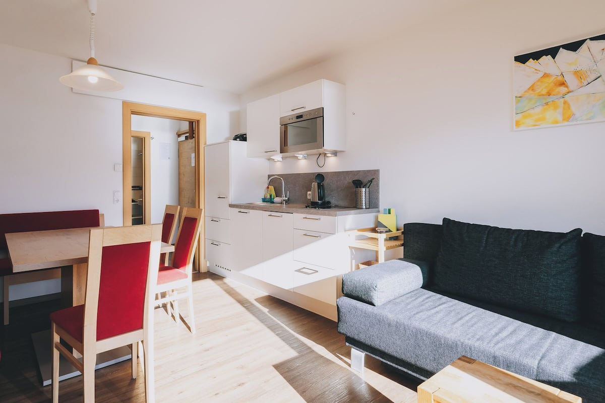 A compact living space with a kitchenette, a dining area with a wooden table and red chairs, and a grey sofa.