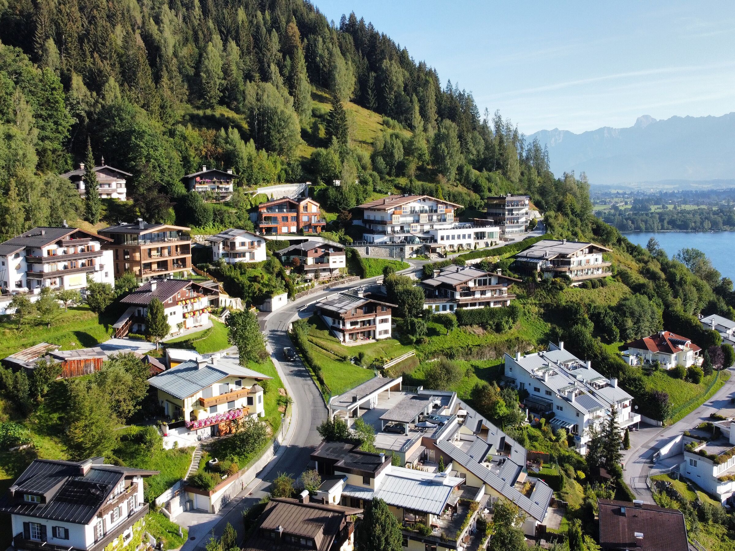 A residential area with modern houses, a winding road, and a lake in the background.