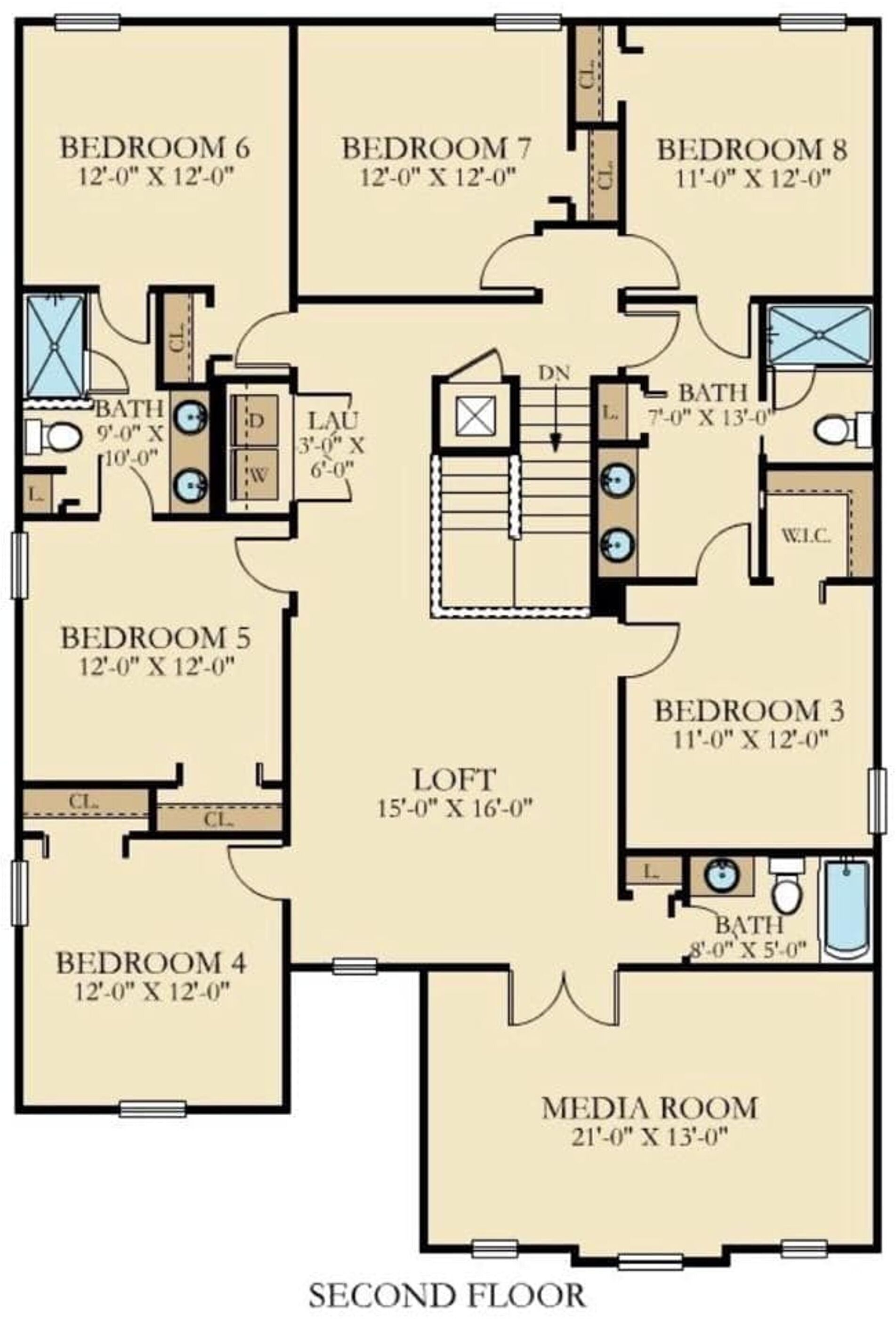 A second-floor layout of an apartment with 6 bedrooms, 2 bathrooms, a media room, and a loft.