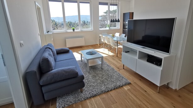 A modern living room with a grey sofa, a TV on a white stand, a dining table with chairs, and large windows offering a view of the outdoors. - Apartments Egis Koper (Koper)