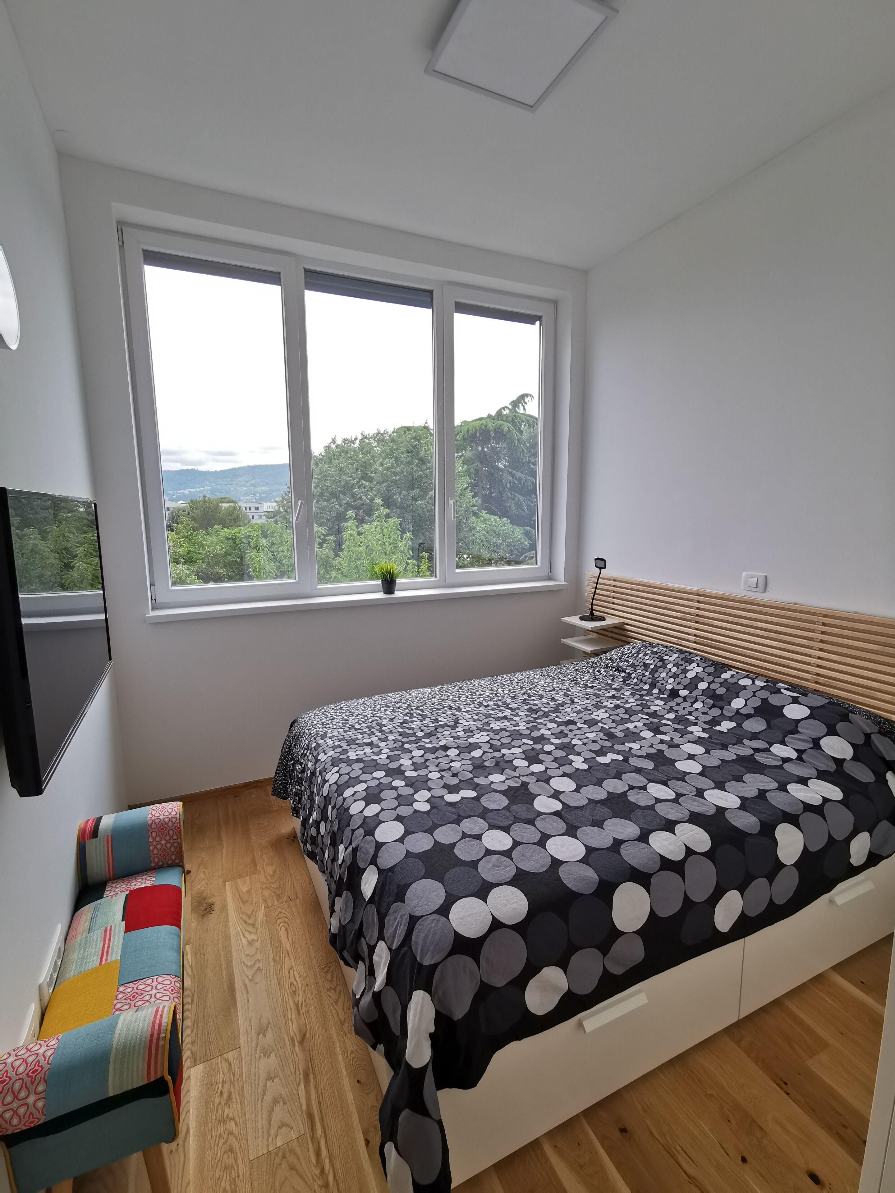 A bedroom with a bed, a bench, a TV, and a window with a view of greenery.