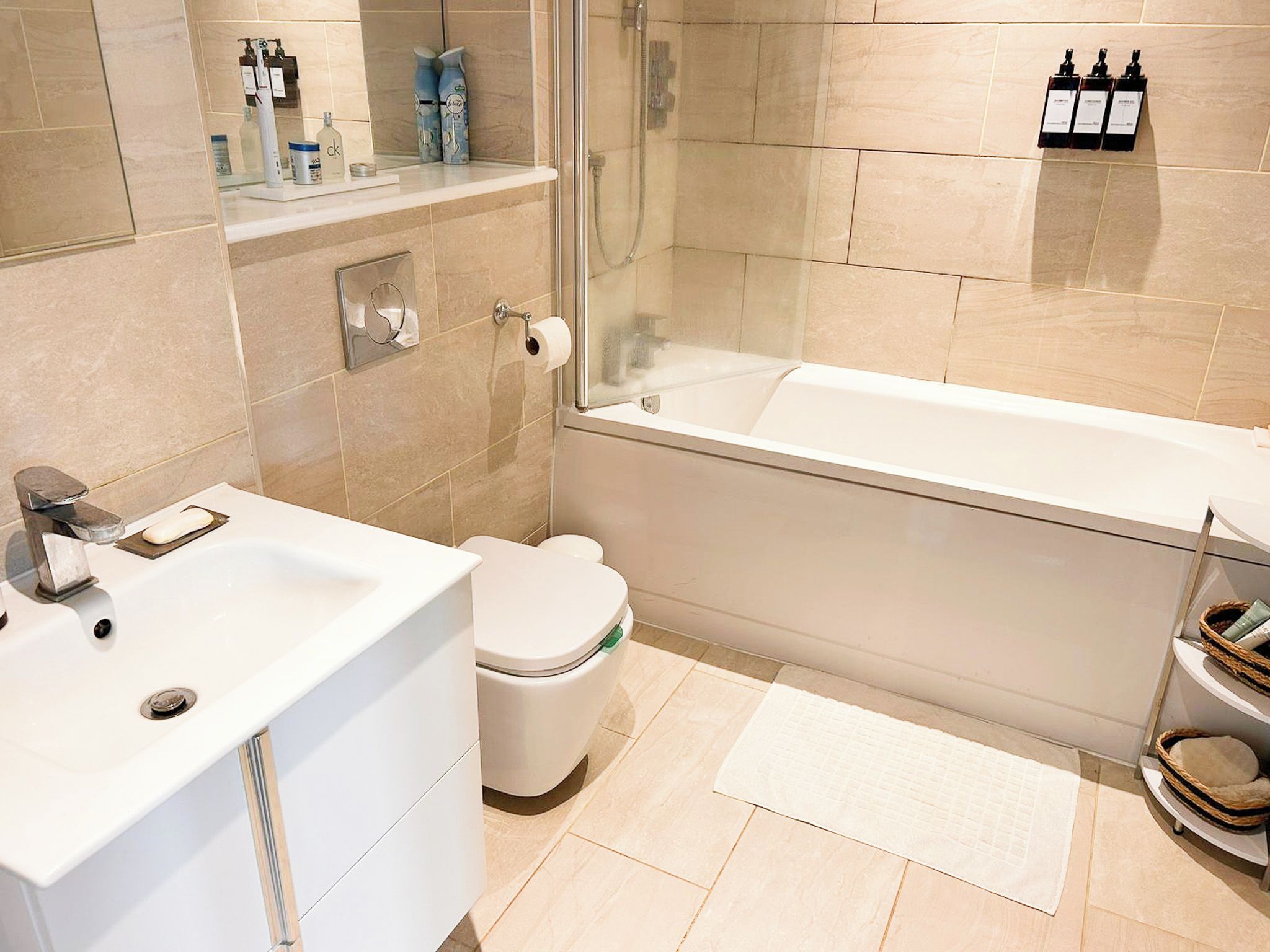 Shower, hair dryer, shampoo