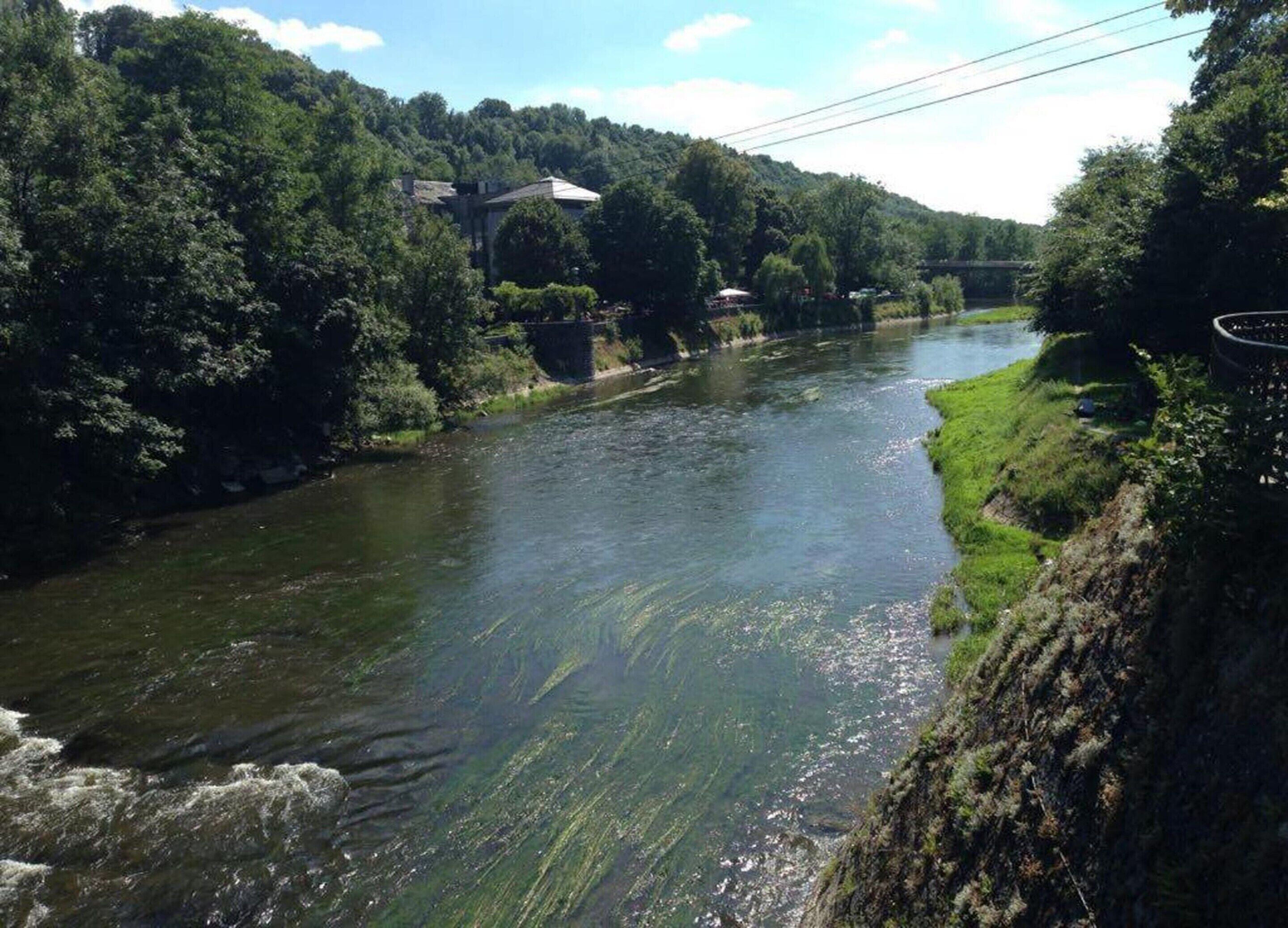 Une rivière traversée par un pont, avec de la végétation sur ses deux rives.