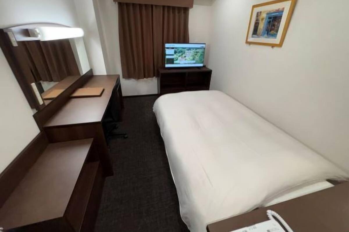 A hotel room with a bed, a desk with a chair, a television, and a framed picture on the wall.
