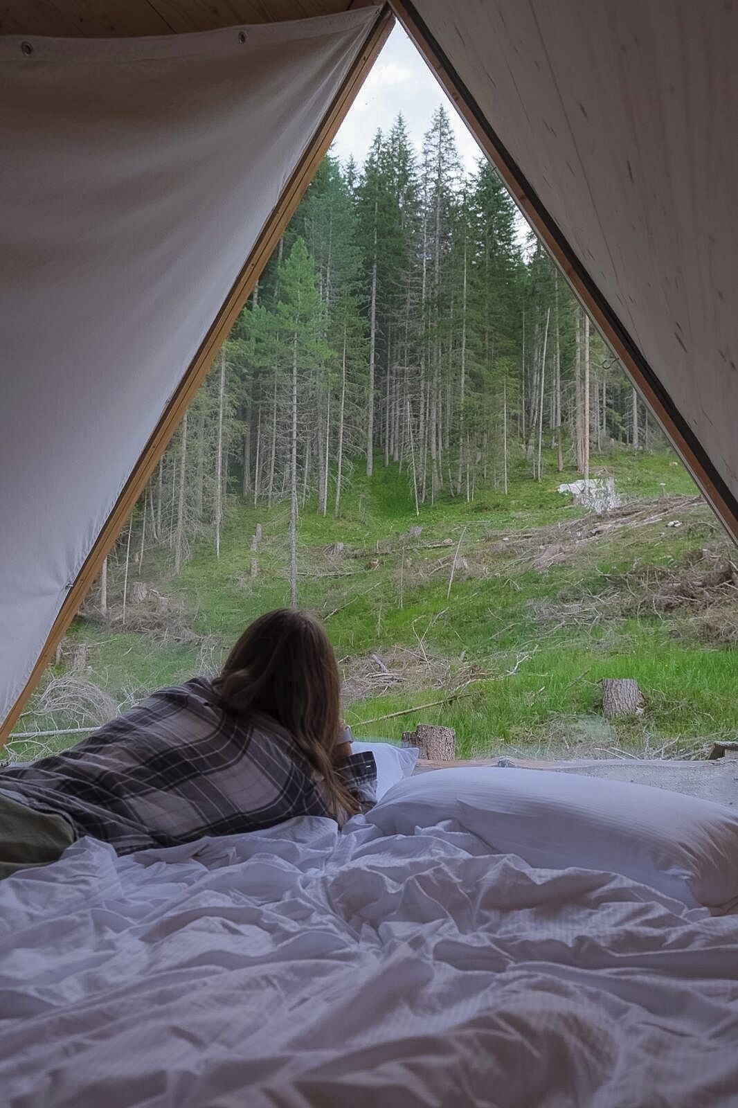 Eine Person liegt in einem Zelt auf einem Bett mit Blick auf einen Wald.