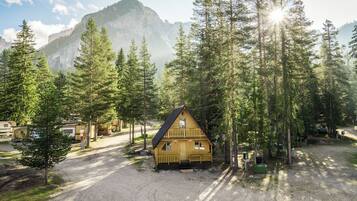 A cabin with a two-story structure, surrounded by tall pine trees and a mountain backdrop.
