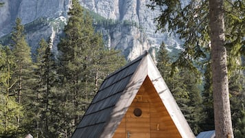A wooden cabin with a sloped roof, surrounded by a forest and mountains in the background.