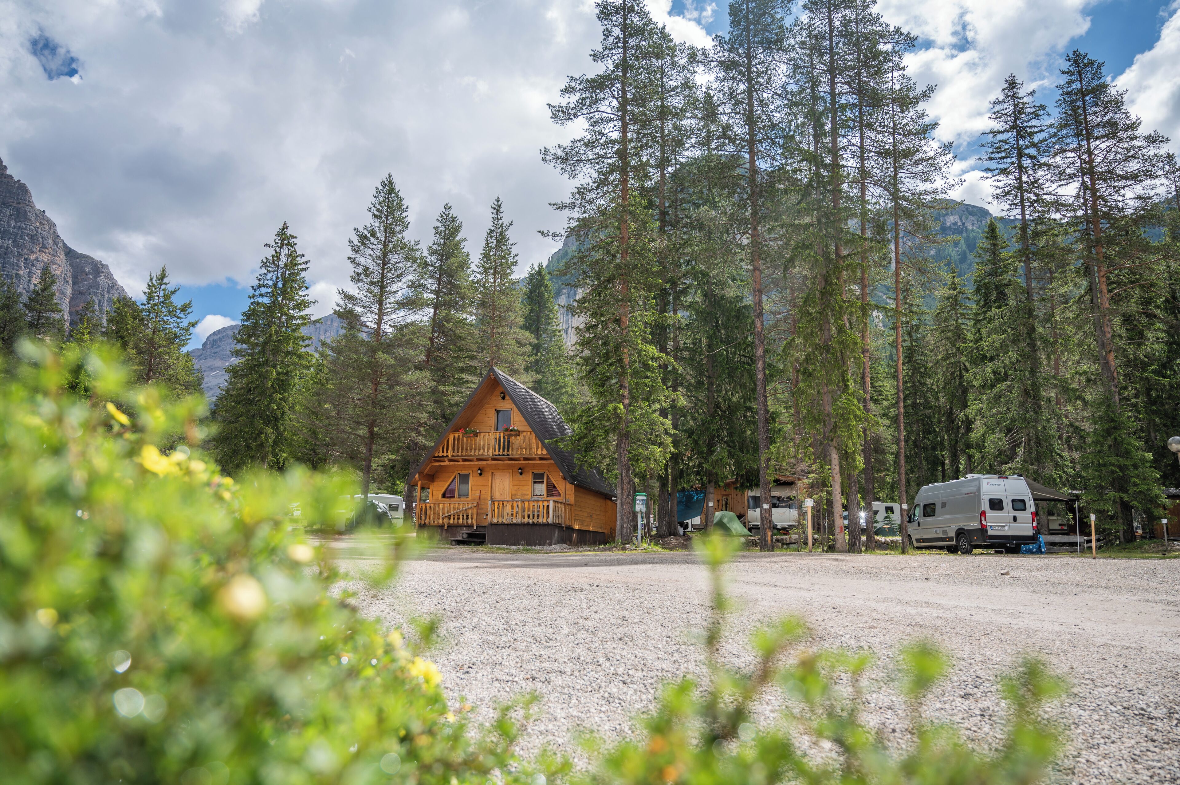 A cabin with a wooden exterior, surrounded by tall pine trees and mountains in the background.