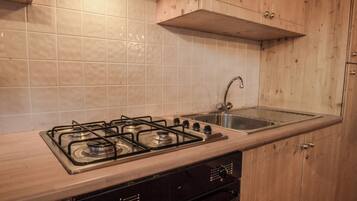 Una cocina con estufa a gas, pileta de acero inoxidable y alacenas de madera.