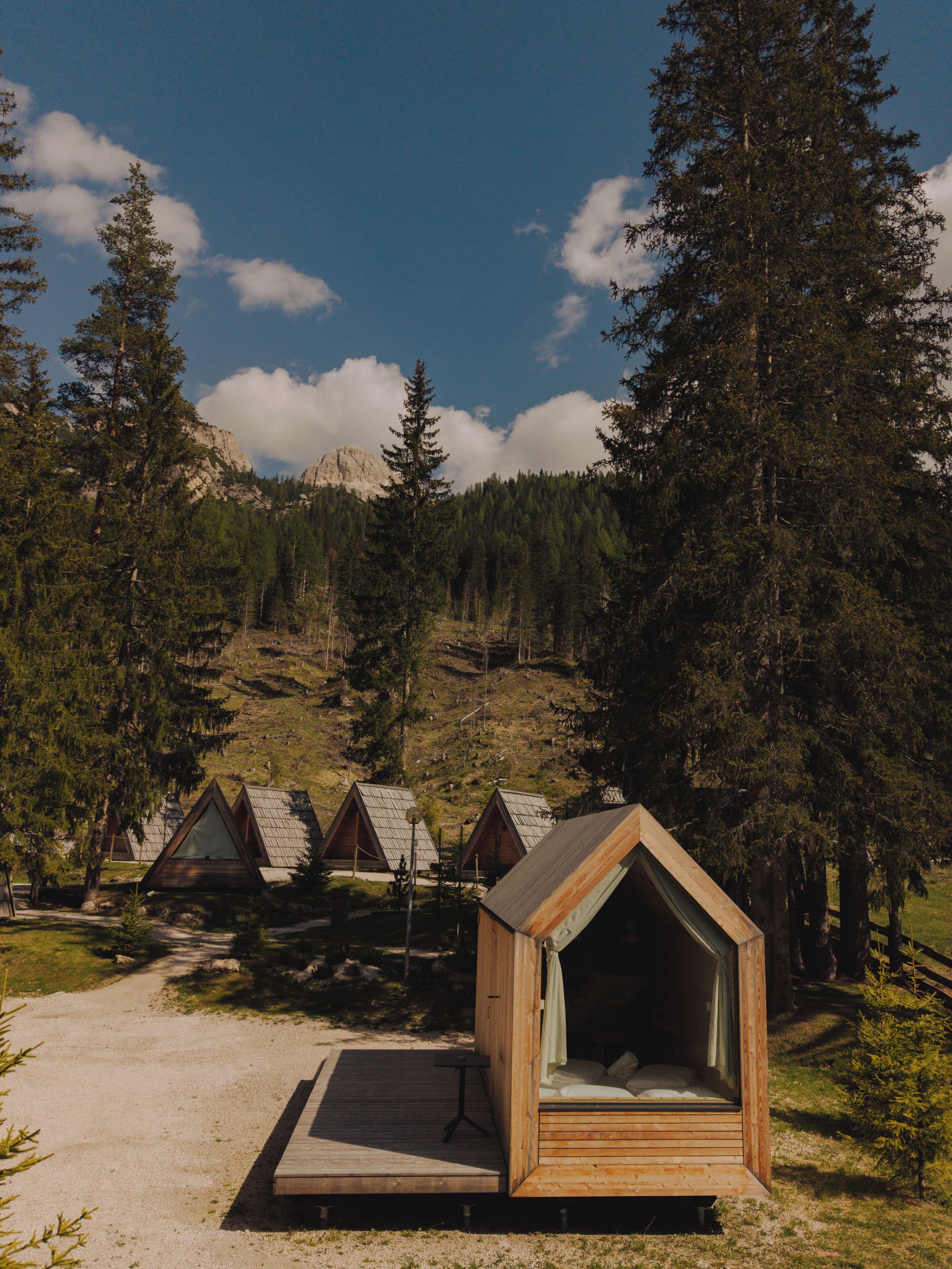 A row of wooden cabins with a clear view of the surrounding forest and a mountain in the background.