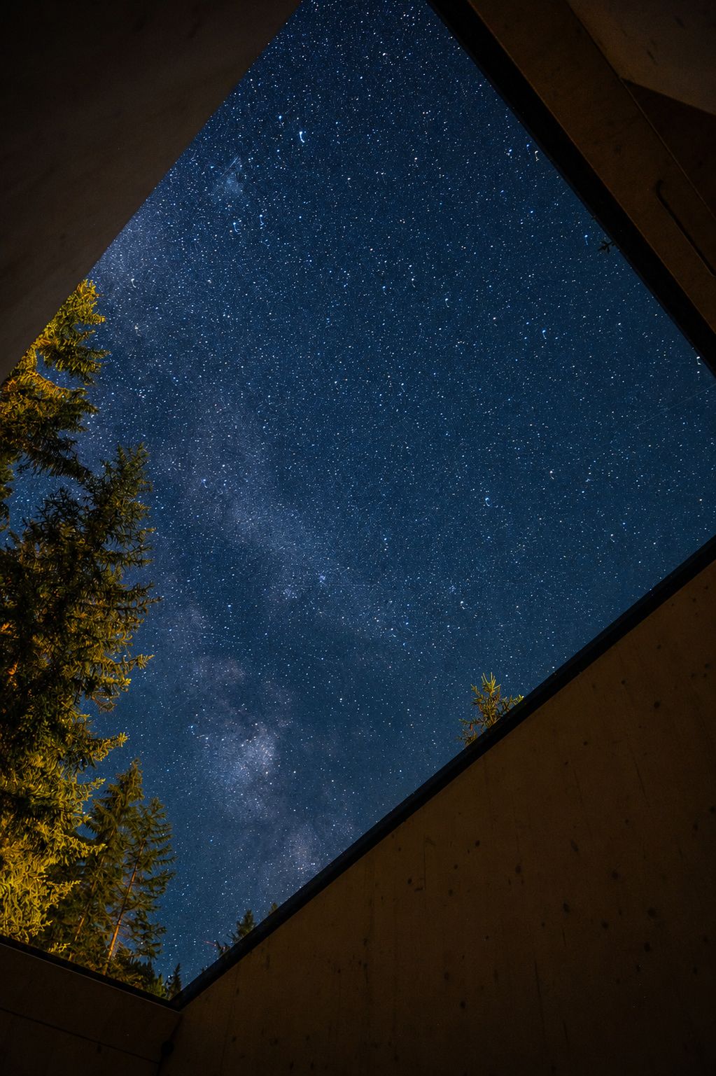 A starry night sky viewed through a skylight, with a wooden structure and trees visible.