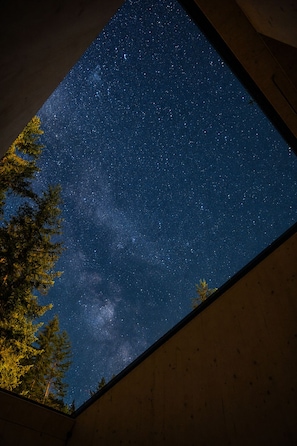 A starry night sky viewed through a skylight, with a wooden structure and trees visible. - Camping Sass Dlacia (Badia)