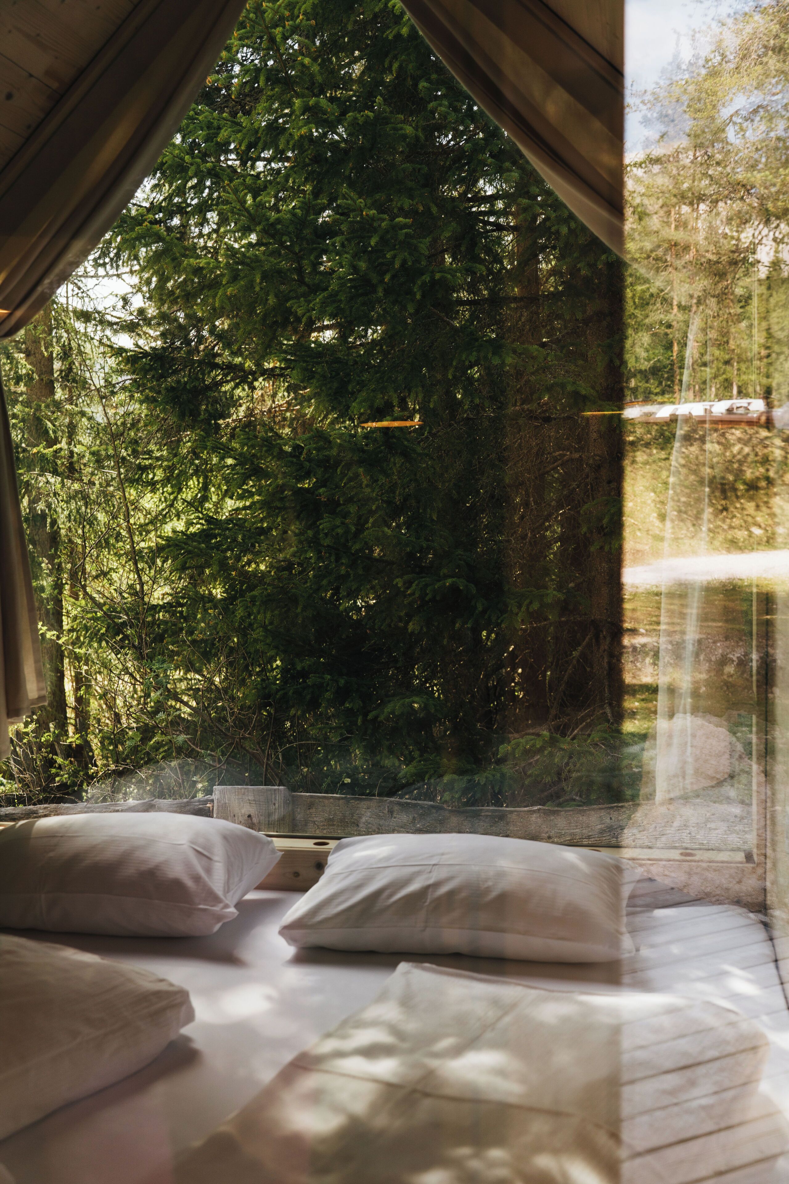 A room with a bed, pillows, and a view of a forest through a window.